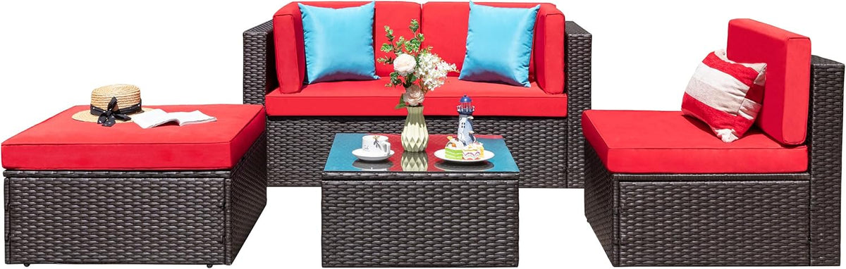 5-Piece All-Weather Wicker Patio Conversation Set With Ottoman And Cushions