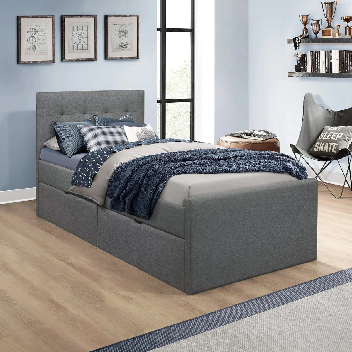 Hillsdale Living Essentials Upholstered Twin Platform Bed With 2 Storage Drawers, Gray