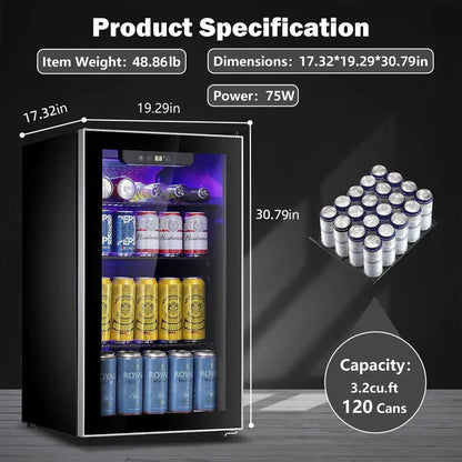Auseo 126-Can Beverage Cooler, 3.2 Cu Ft, Glass Door, Black