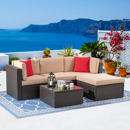 5-Piece All-Weather Wicker Patio Conversation Set With Ottoman And Cushions