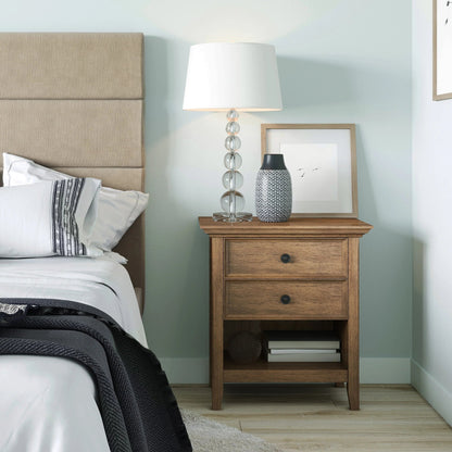 Solid Wood Nightstand With 2 Drawers And Open Shelf, 16 in D x 24 in W x 26 in H