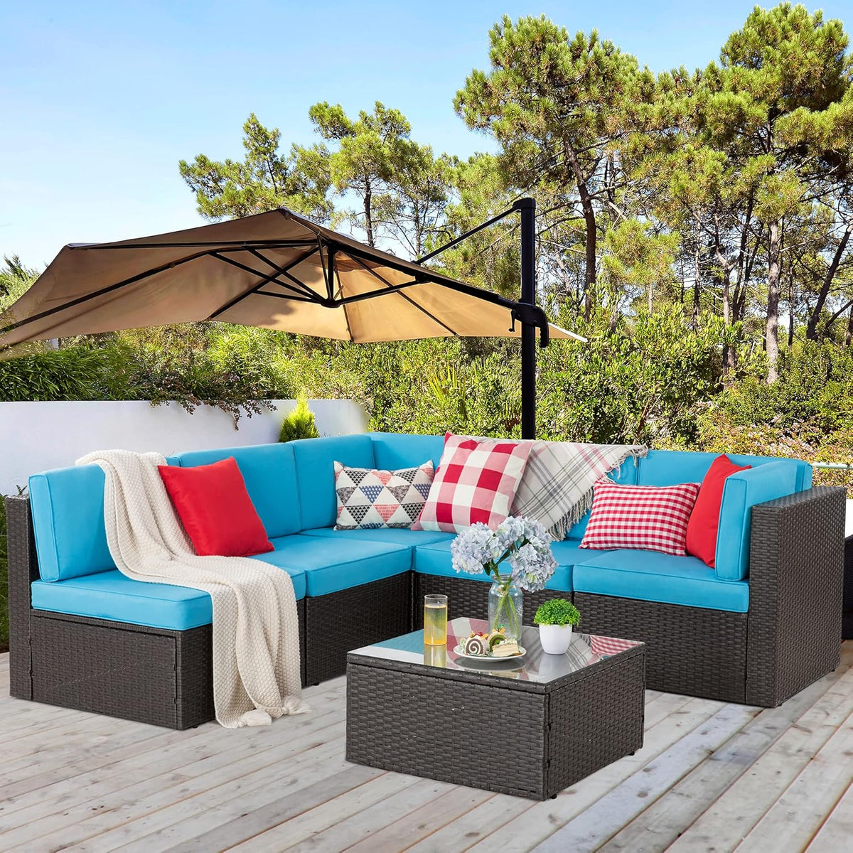 5-Piece All-Weather Wicker Patio Conversation Set With Ottoman And Cushions