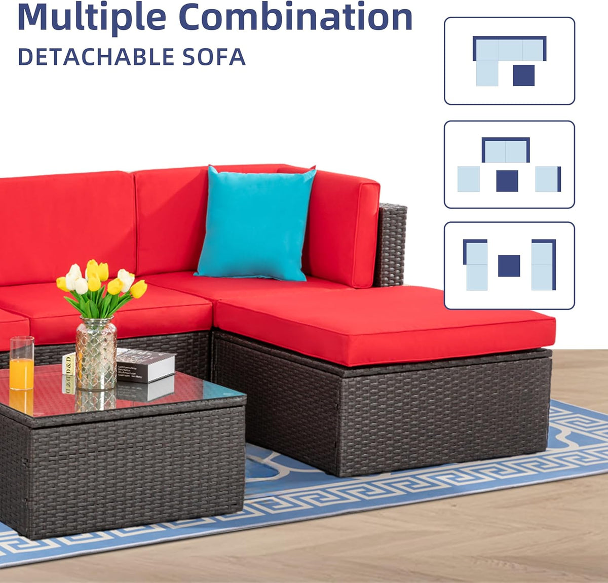 5-Piece All-Weather Wicker Patio Conversation Set With Ottoman And Cushions