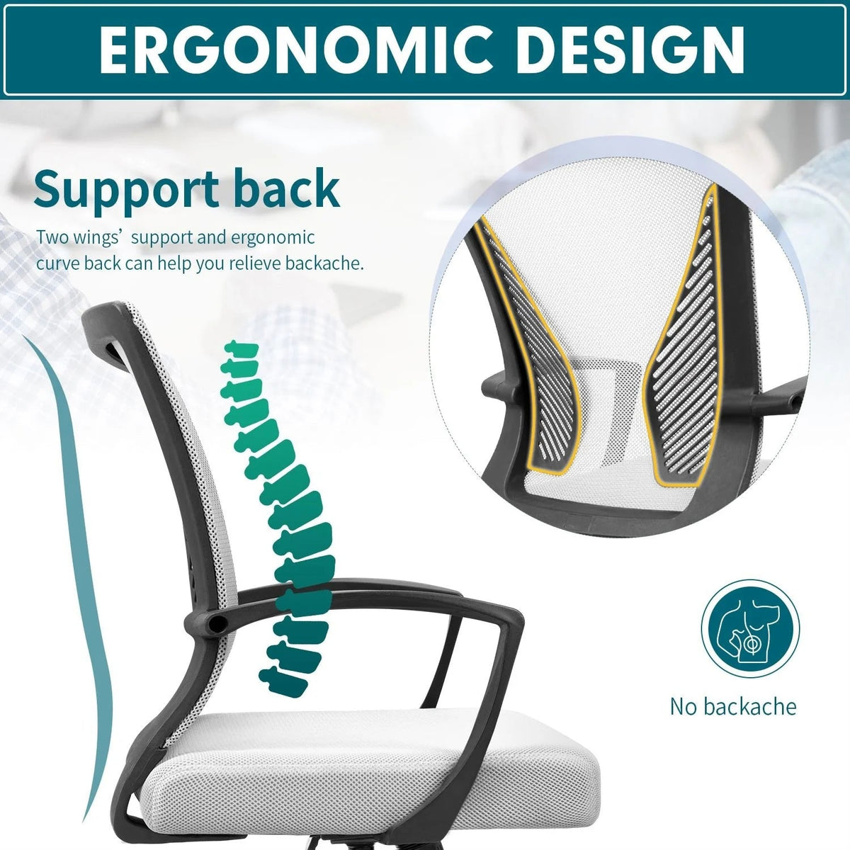 Ergonomic Mesh Mid-Back Office Chair With Adjustable Lumbar Support, 300 lbs Capacity