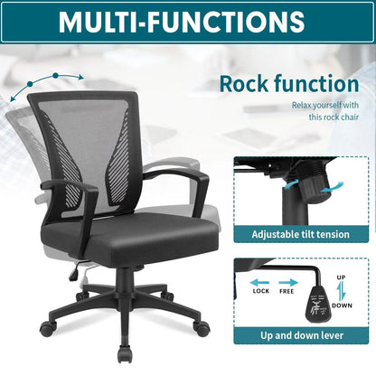 Ergonomic Mesh Mid-Back Office Chair With Adjustable Lumbar Support, 300 lbs Capacity