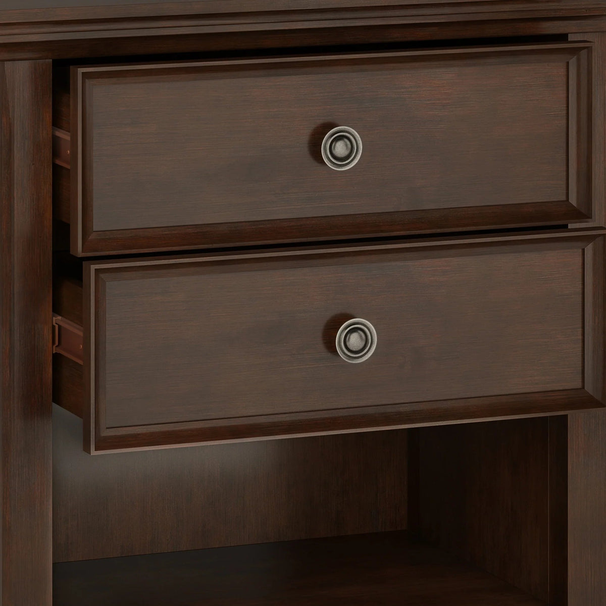 Solid Wood Nightstand With 2 Drawers And Open Shelf, 16 in D x 24 in W x 26 in H