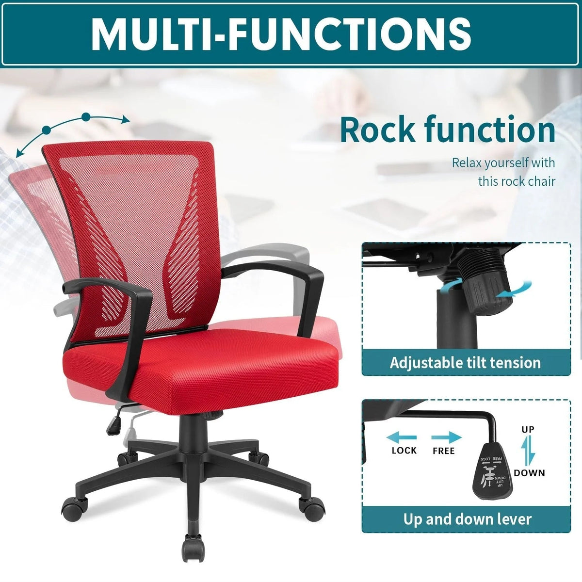 Ergonomic Mesh Mid-Back Office Chair With Adjustable Lumbar Support, 300 lbs Capacity