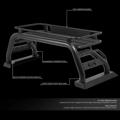 DNA Motoring Toyota Tacoma 2015-2019 Truck Bed Aluminum Roll Bar With Roof Cargo Rack, 3 in Tubing - TCRB-002