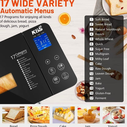 KBS 17-in-1 Stainless Steel Bread Machine, 710W, 2 lb - Dual Heaters