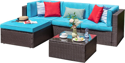 5-Piece All-Weather Wicker Patio Conversation Set With Ottoman And Cushions