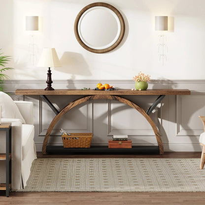 2-Tier Slim Console Sofa Table, Engineered Wood and Metal - 11.81 in D x 70.87 in W x 33.46 in H