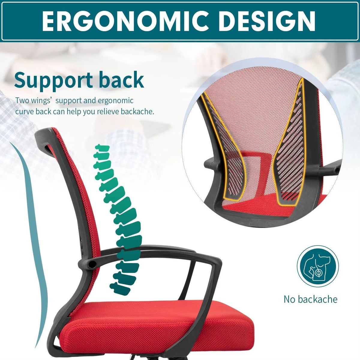 Ergonomic Mesh Mid-Back Office Chair With Adjustable Lumbar Support, 300 lbs Capacity