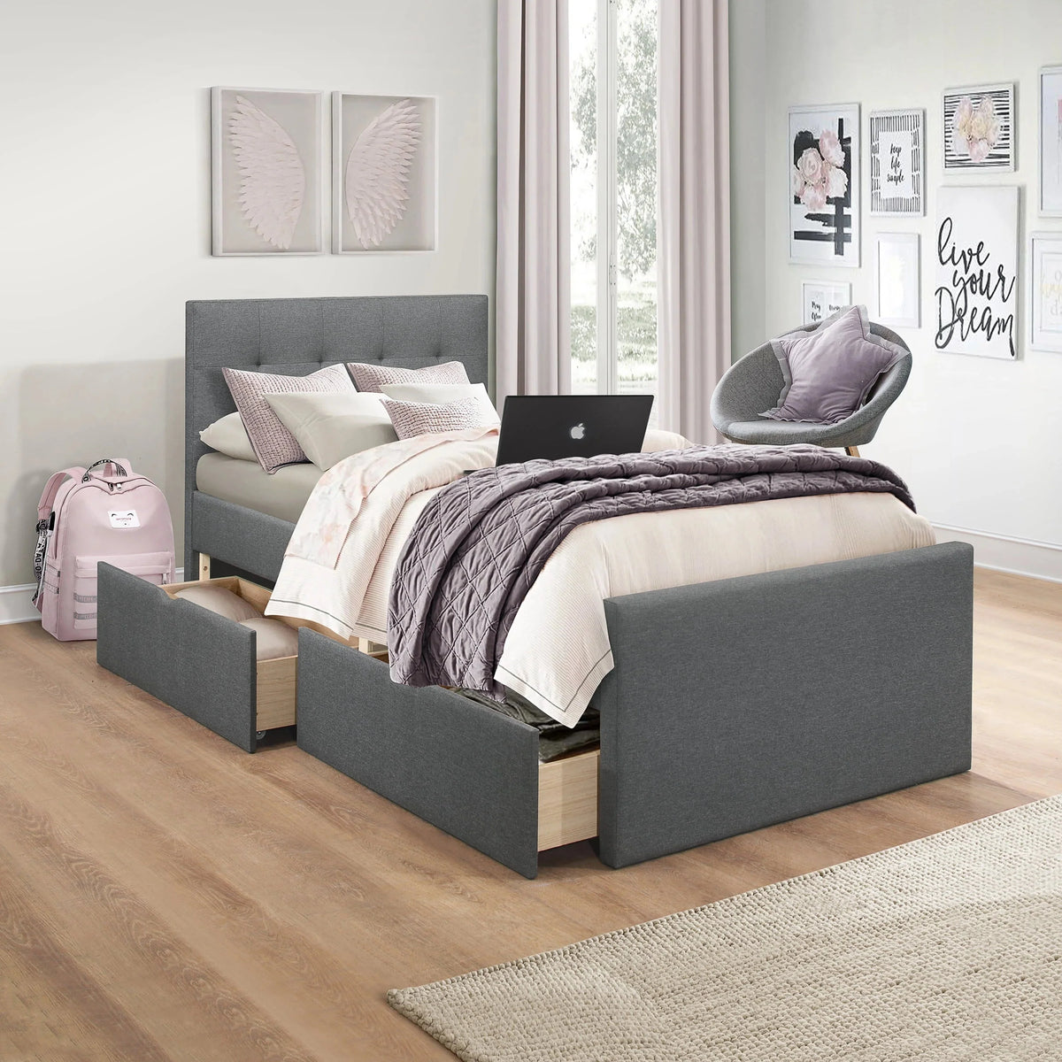 Hillsdale Living Essentials Upholstered Twin Platform Bed With 2 Storage Drawers, Gray