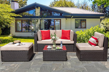 5-Piece All-Weather Wicker Patio Conversation Set With Ottoman And Cushions