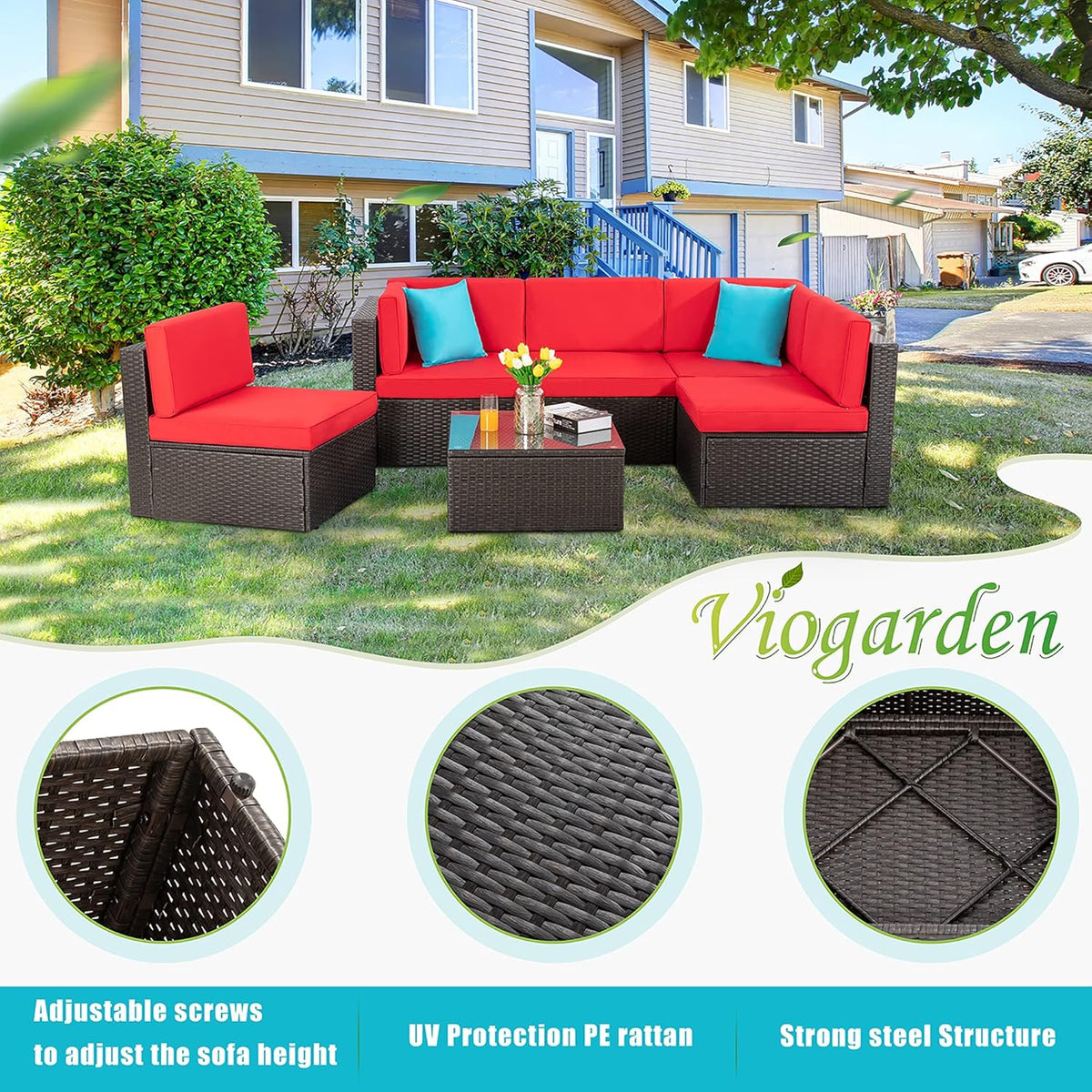 5-Piece All-Weather Wicker Patio Conversation Set With Ottoman And Cushions