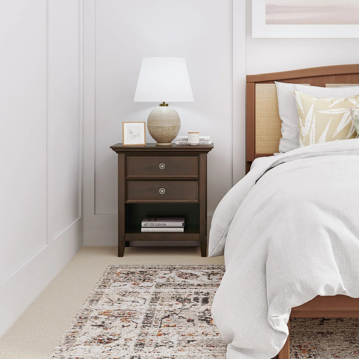 Solid Wood Nightstand With 2 Drawers And Open Shelf, 16 in D x 24 in W x 26 in H