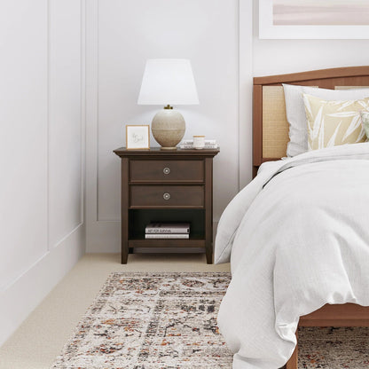 Solid Wood Nightstand With 2 Drawers And Open Shelf, 16 in D x 24 in W x 26 in H