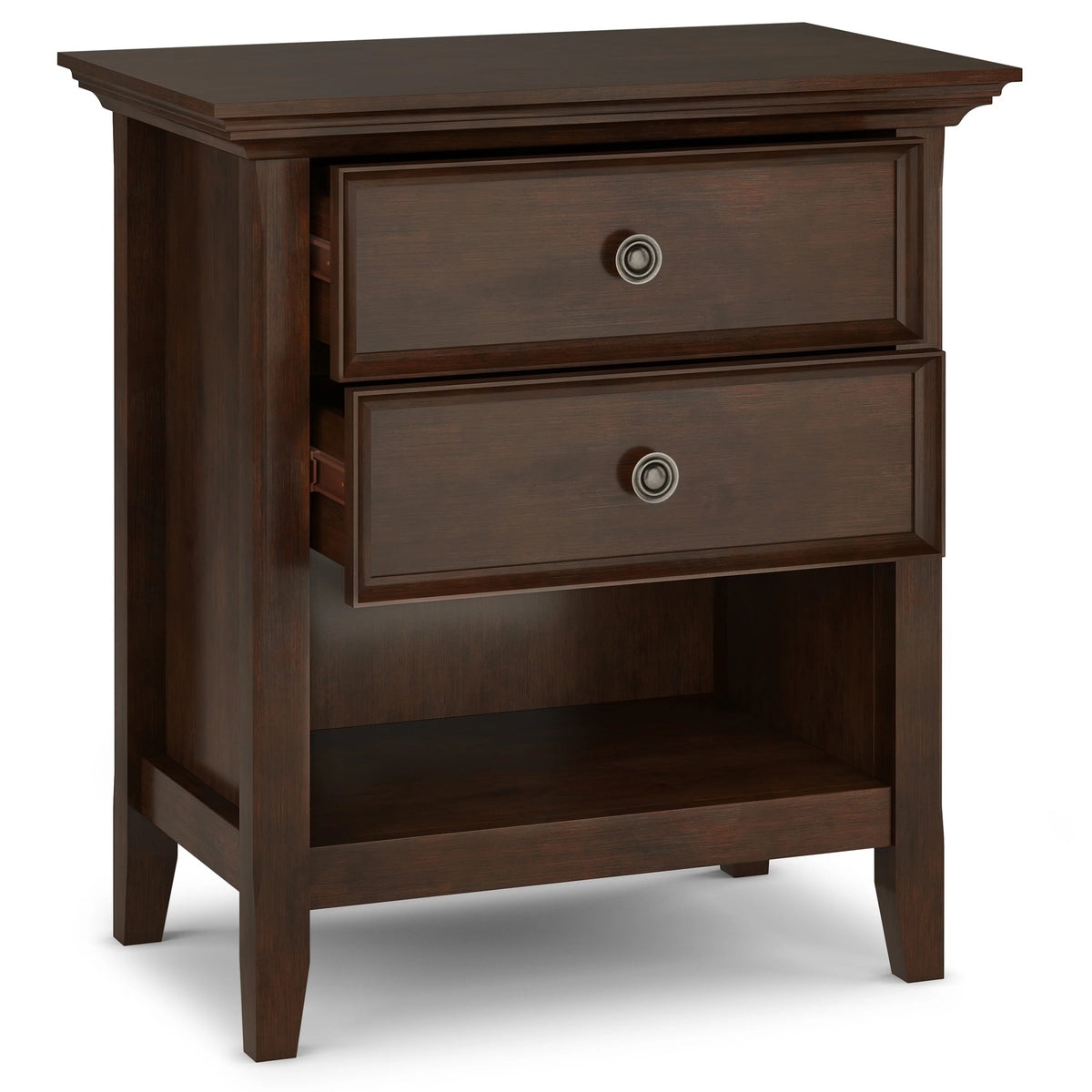 Solid Wood Nightstand With 2 Drawers And Open Shelf, 16 in D x 24 in W x 26 in H