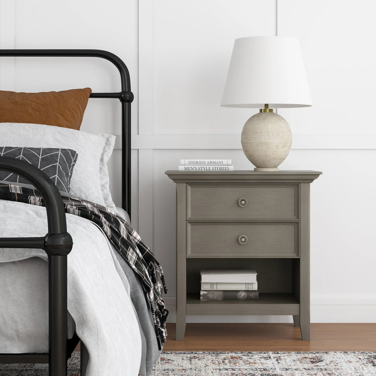 Solid Wood Nightstand With 2 Drawers And Open Shelf, 16 in D x 24 in W x 26 in H