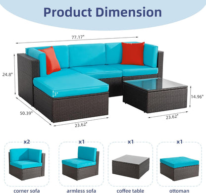 5-Piece All-Weather Wicker Patio Conversation Set With Ottoman And Cushions